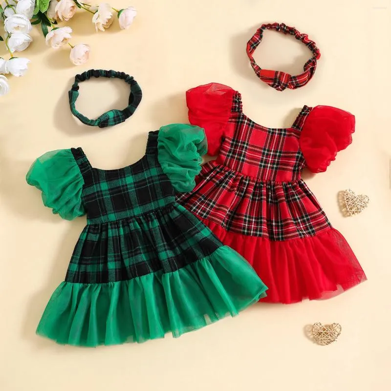 Girl Dresses FOCUSNORM 0-5Y Christmas Kids Girls Sweet Dress Xmas Plaid Print Mesh Short Puff Sleeve Princess Headband