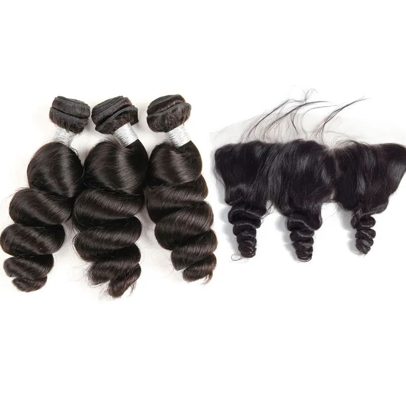 Cabelo indiano malaio 100% humano, 3 pacotes com renda frontal 13x4, 4 tamanhos, cor natural, onda solta, produtos de cabelo encaracolado, 10-30 polegadas
