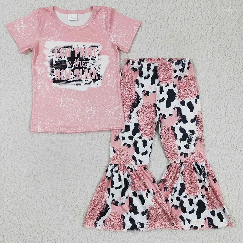 Clothing Sets Toddler Western Outfit Baby Girl Short Sleeves Pink Tee Shirt Cow Print Bell Bottom Pants Wholesale Children Kids Set Clothes