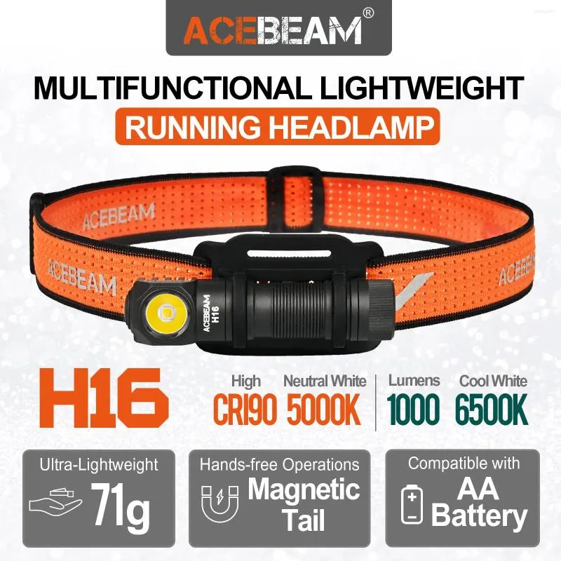 Lanternas Tochas ACEBEAM H16 Super Leve AA LED Luz de Ângulo Reto EDC Lanterna 5000K CRI 90/6500K 1000 Lumens