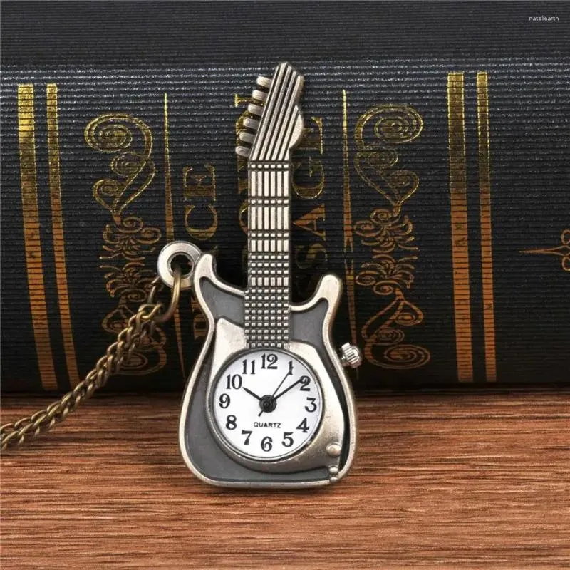 Pocket Watches Women Men Jewelry Small Size Antique Bronze Guitar Shape Quartz Watch
