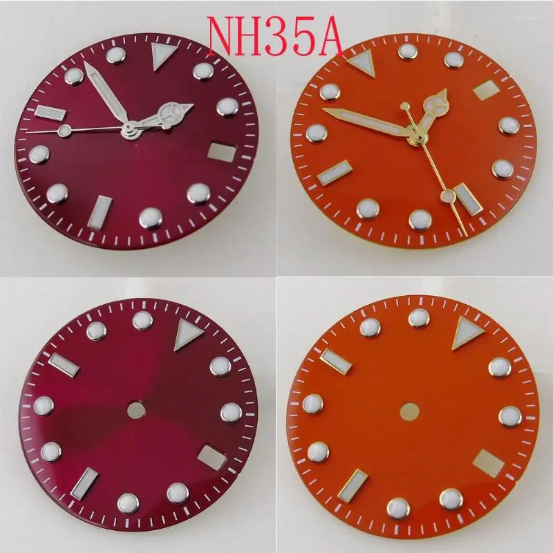 Kits de reparación de relojes 28,5mm esfera naranja/roja manecillas cara estéril apto para NH35/NH35A movimiento automático ventana de fecha luminosa