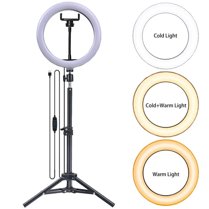 10 "26cm LED SELIE SELTIE LUMIÈRE 6INCH 16 cm remplissage Lumière Photographie Video Lumière avec téléphone Tripod Trépied Dimmable Lamp Streaming pour le téléphone portable VOLOG VOLOG LIVANT