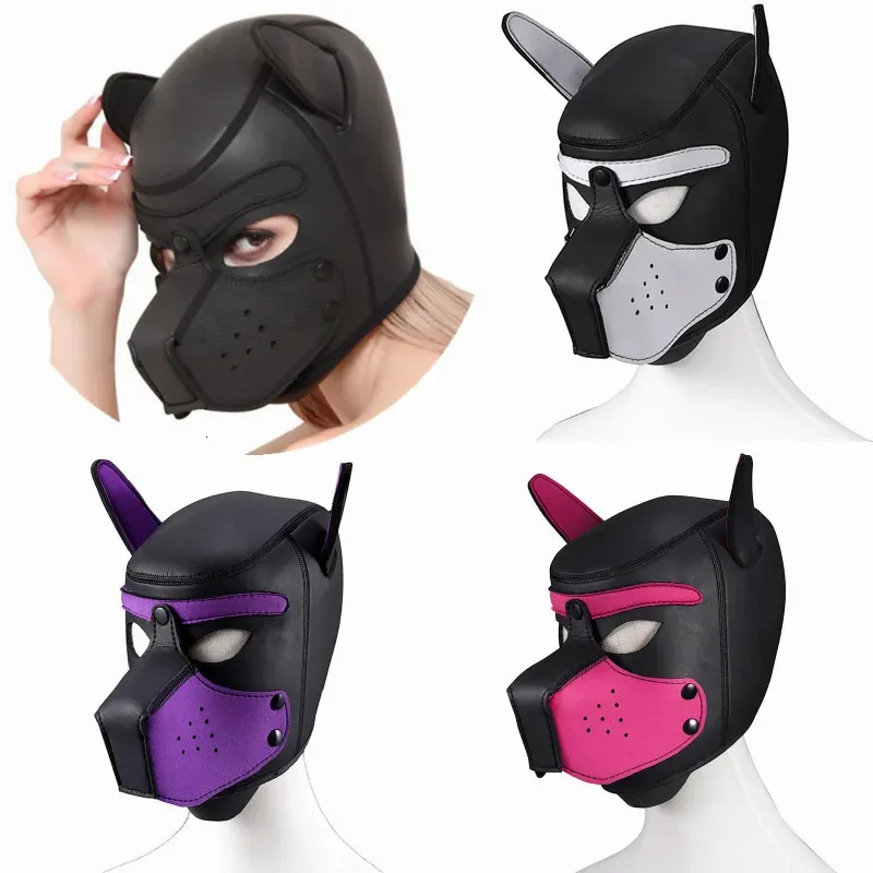 Marca de moda acolchoada látex borracha role play cão máscara festa filhote de cachorro cosplay cabeça cheia com orelhas sm brinquedos sexuais para casais 240130