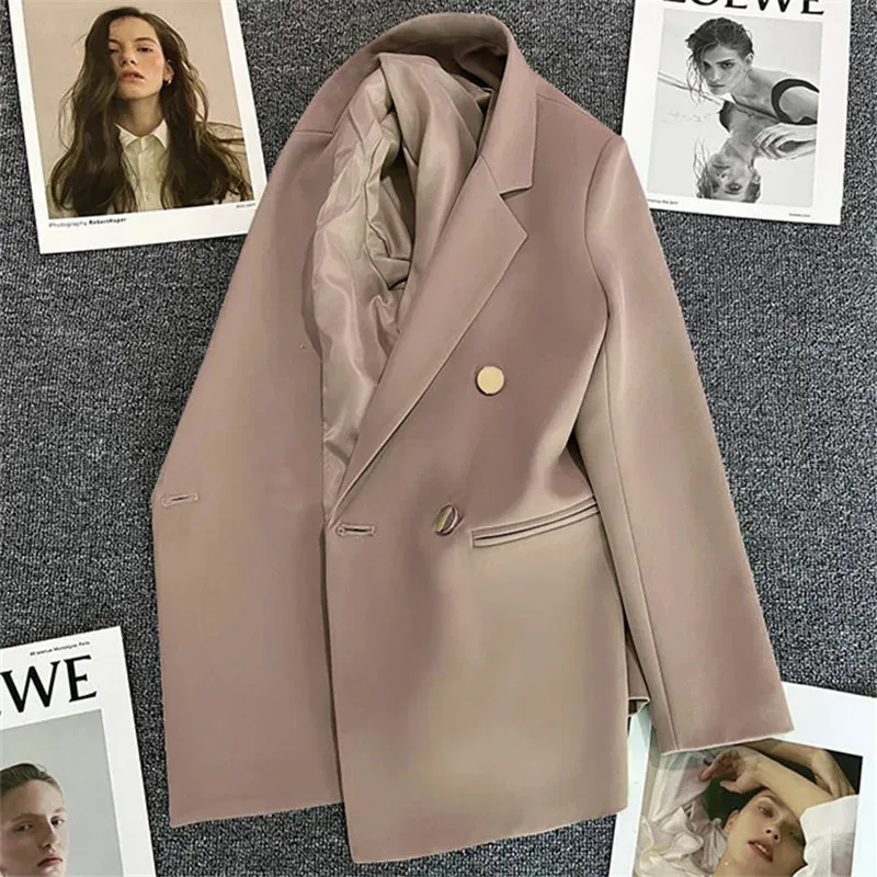 Шикарный женский пиджак на осень-весну с длинным рукавом, свободное пальто с двубортными лацканами, тонкие повседневные куртки, офисные женские винтажные пиджаки 240202
