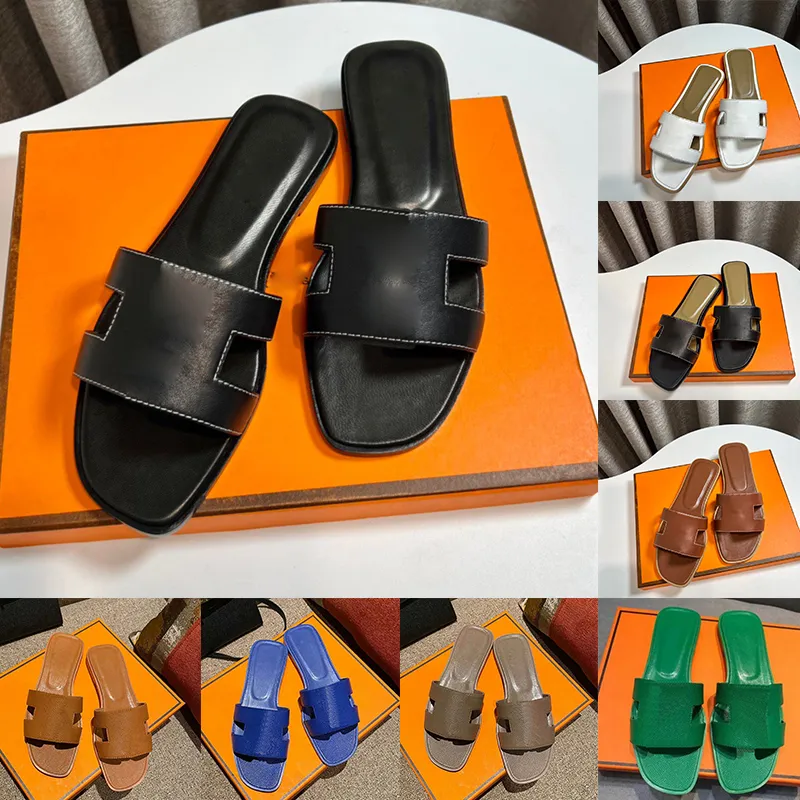 Sandales de créateurs, toboggans de créateurs de luxe, toboggans en cuir orange, pantoufles pour femmes taille 35-42, chaussures de plage d'été plates, sandale sliders marron noir