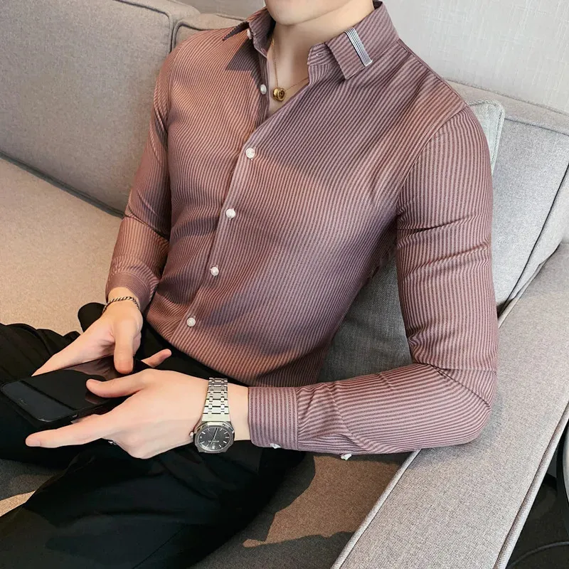 Business Mannen Shirt Merk Mode Lange Mouw Mannen Alle Match Slim Fit Gestreepte Shirts Mannen Formele Slijtage Blouse Homme 240125