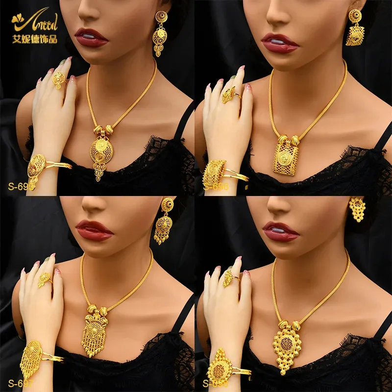 ANIID African Jewelry Set For Women 24k Gold Color Big Geometric Pendant Necklaces Earrings Dubai Wedding Jewelry Sets Wholesale 240123