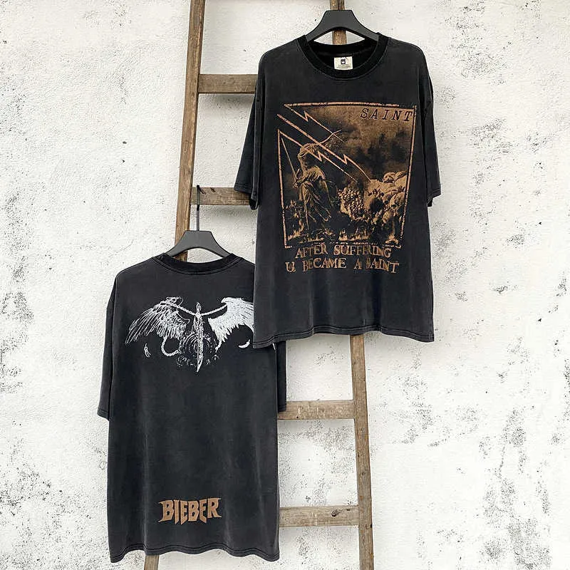 T-shirts pour hommes Saint Michael Cho Angel Wings T-shirt en détresse américain vintage à manches courtes