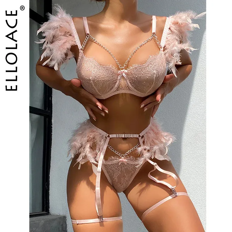 Ellolace Feather Lingerie Sexy Porn Underwear Women Body Transparent Bra Metal Chain Lace Exotic 3Piece Set Luxury Intimate 240202