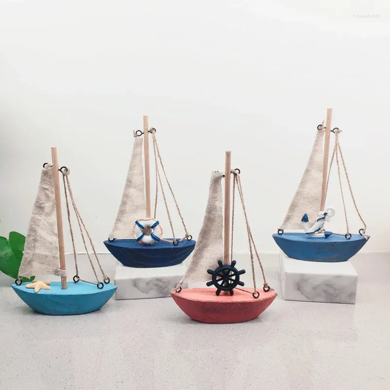 Decorative Figurines Mediterranean Style Retro Color Petit Bateau Wood Canvas Ship Model Ornaments Creative Home Decoration Crafts Kawaii