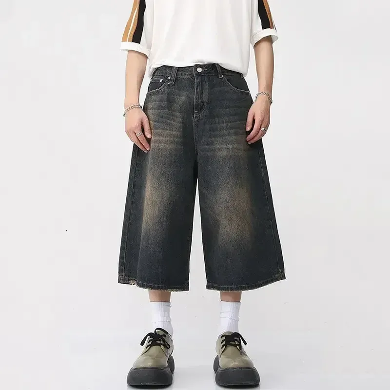 Y2K Hommes Vintage Streetwear Culottes Coréen Harajuku Denim Pantalon Large Pantalon Court Jorts Bermudas Jeans Shorts Alt Vêtements 240202