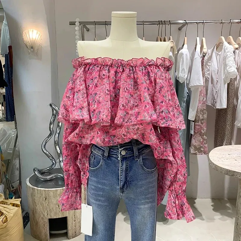 One-word Collar Blouses Woman Plus Size Sweet Little Flower Female Shirt 2024 Spring Trendy Long Sleeve Tops 240202