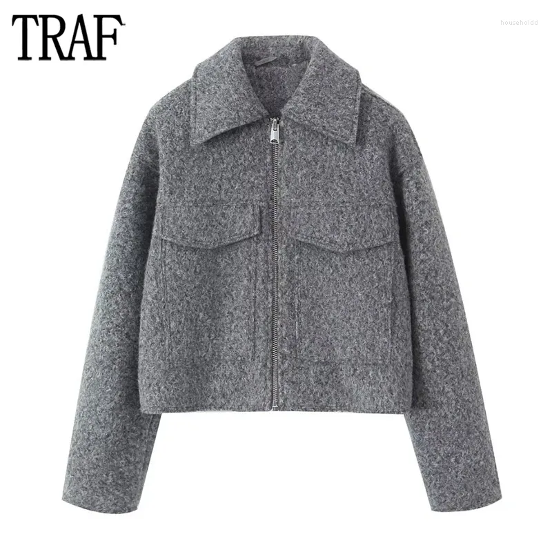 TRAF 2024 Tweed Cropped Jas Dames Grijs Rits Oversize Vrouw Lange Mouw Casual Voor Streetwear Zachte jassen