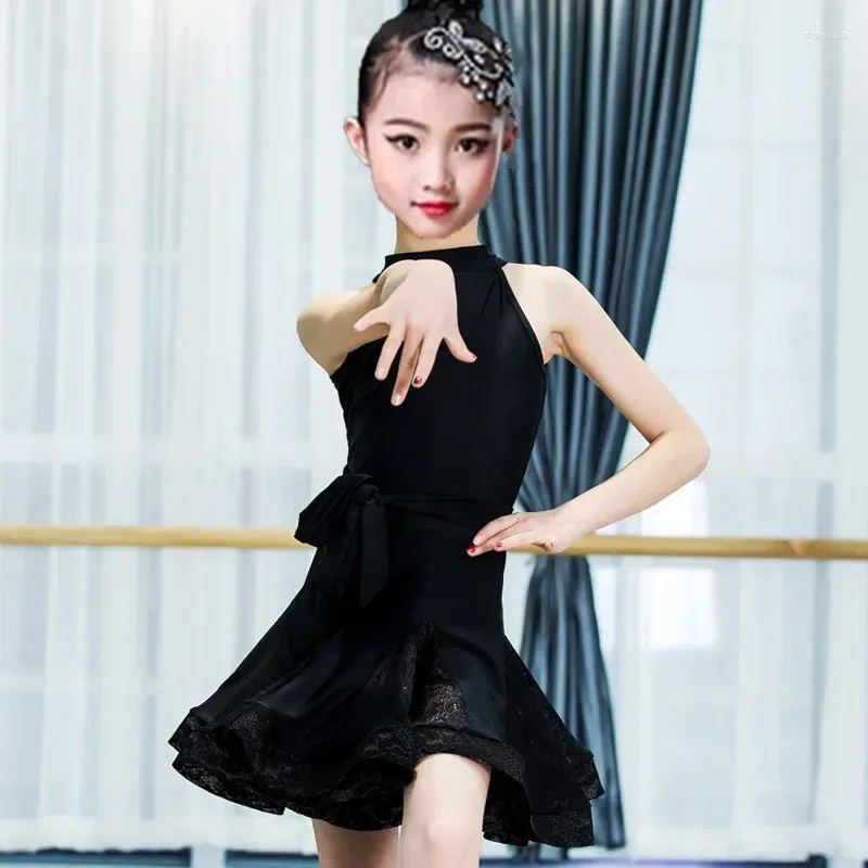 Stage Wear 2024 Milk Silk Black Latin Dance Costume For Girls With Ruffled Hemline Standard Professional Grade Children's Performance Dress