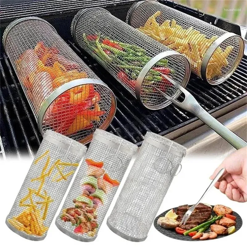 Verktyg rullande grilla korg rostfritt stål runda BBQ Net Tube Portable Outdoor Camping Barbecue Grill Mesh Accessories