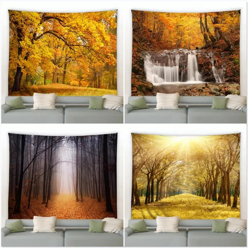 Tapestries Autumn Forest Stream Landscape Tapestry Natural Scenery Wall Hanging Golden Trees Leavis Tapiz Decil