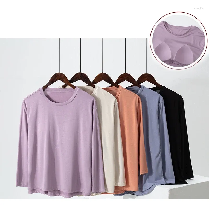 Women's T Shirts 2024 High Collar Long Sleeve Tops med inbyggd BRA -hals Vest Padded Slim Fit Tank Sexig Feminino Casual