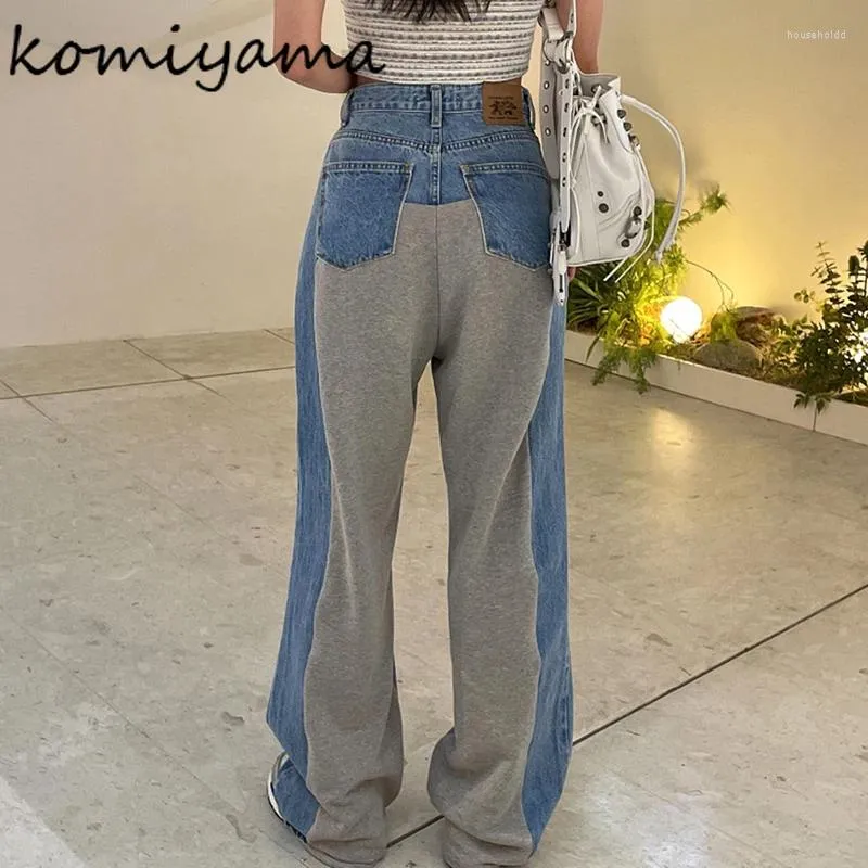 Pantalones vaqueros de mujer Komiyama Contraste Color Empalmado Agujero Cintura alta Pantalones de pierna ancha Mujer Pantalones de mezclilla rectos Otoño Ropa para mujer