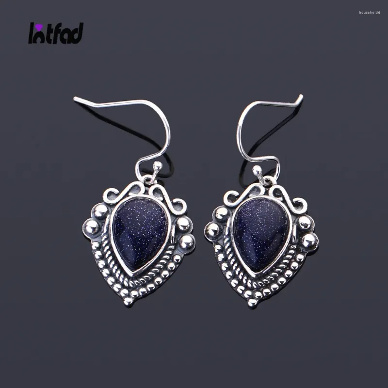 Dangle Oorbellen Waterdruppelvormige Blauwe Zandsteen 925 Sterling Zilveren Oorbel Voor Vrouwen Engagement Huwelijkscadeau Vintage Sieraden