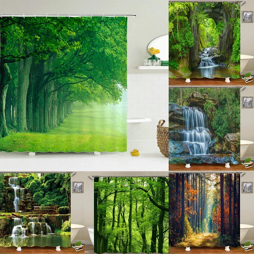 Cortina de chuveiro floresta 3d, planta verde, montanha, primavera, água, gancho, banheiro, à prova d'água, cenário, cortina decorativa 240131
