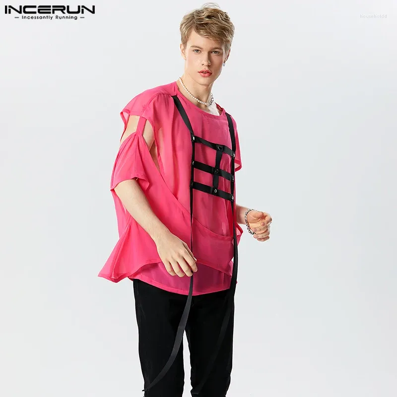 Męskie koszulki Mężczyzn Nieregularny patchwork o Neck krótkie rękawie puste Camisetas Streetwear 2024 Przezroczyste odzież S-5xl Inderun