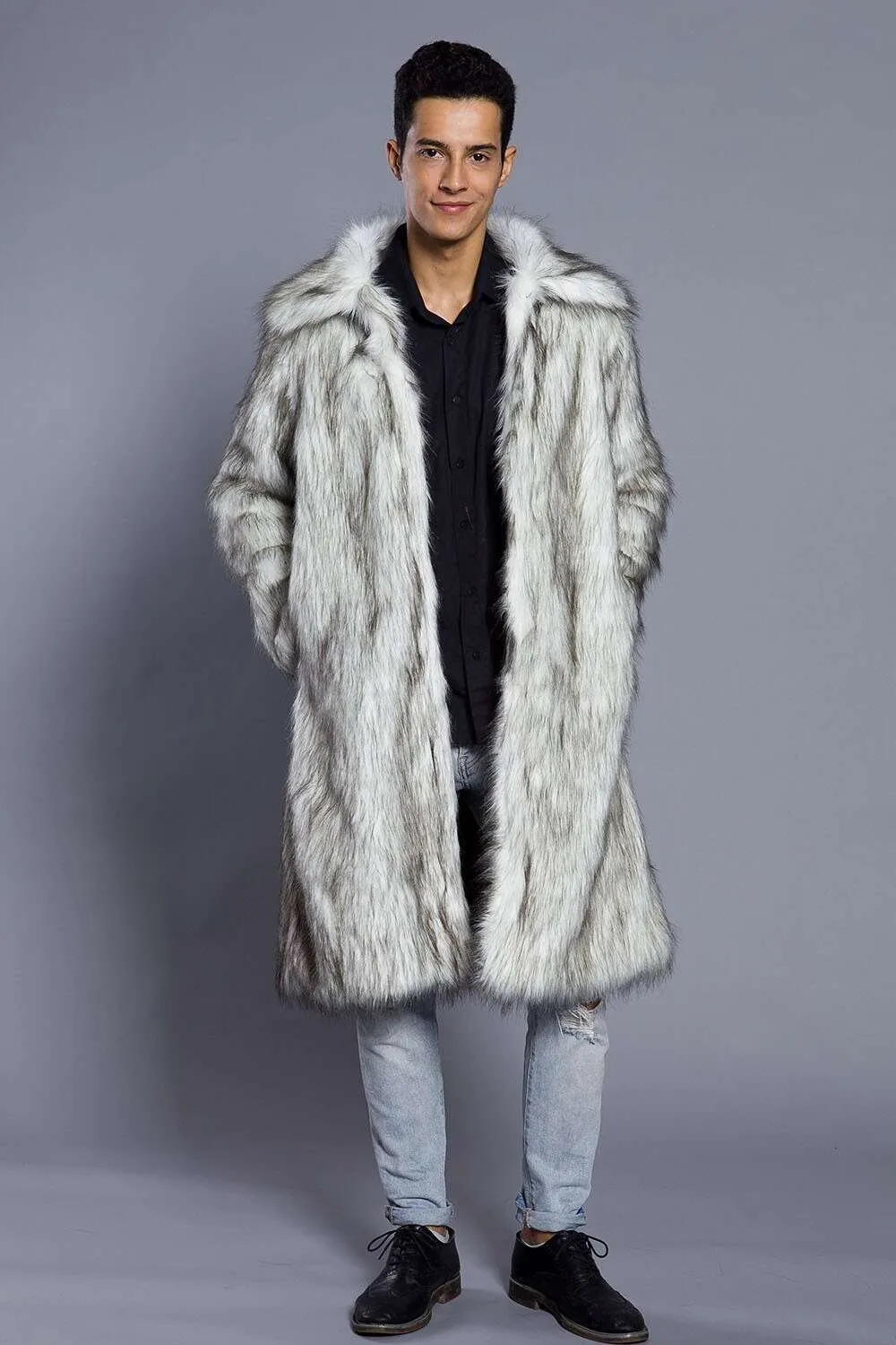 Designer Mens Artificial Fur Coat Black Long Winter Warm Rabbit Lapel HON8