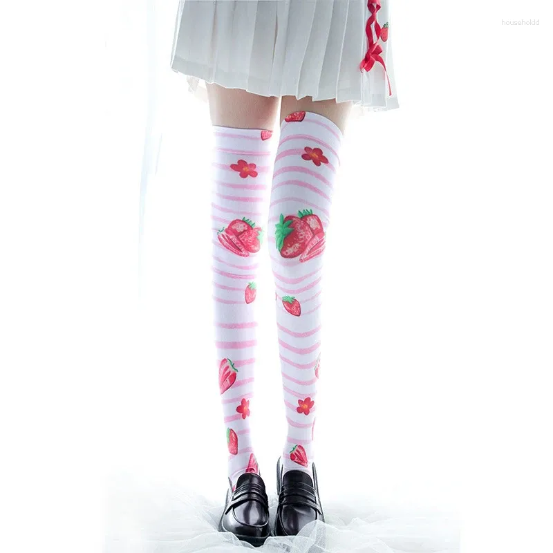 Chaussettes longues pour femmes, bas longs amusants imprimés fraises rose blanc au dessus du genou, mignonnes filles douces Lolita Harajuku