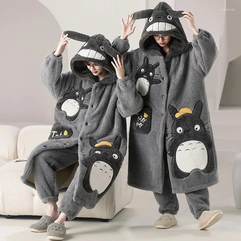 Mulheres Sleepwear Kigurumis Pijamas Robes Mulheres Homens Inverno Grosso Quente Pelúcia Camisola Fleece Longo Vestido Kawaii Cat Casais Nightdress Pijama