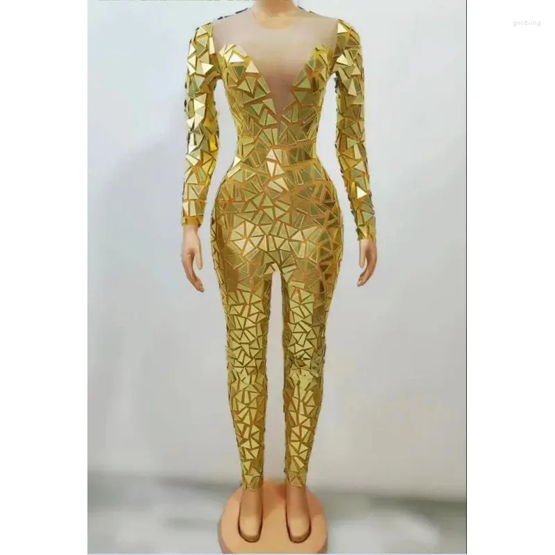 Scenkläder guldblå ​​röd blinkande full speglar långa ärmar transparent jumpsuit födelsedag firar kostym kväll kvinnor dance bodysuit