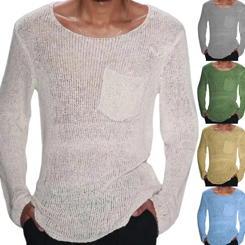 Casual Solid Color Slim Fit Tops en tricot pour hommes 2023 Printemps à manches longues Col rond Tricot T-shirts Vêtements pour hommes Loisirs Tee Shirt 240201