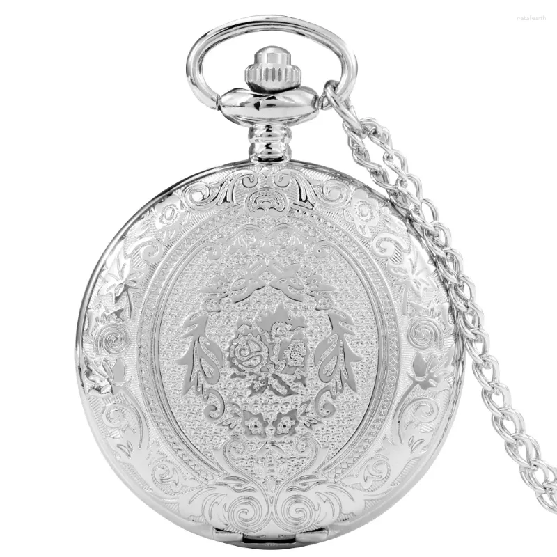 Pocket Watches Luxury Retro Silver Quartz Watch Fashion Medieval Style Necklace Pendant Chain Jewelry Gift Steampunk Clock för män Kvinnor
