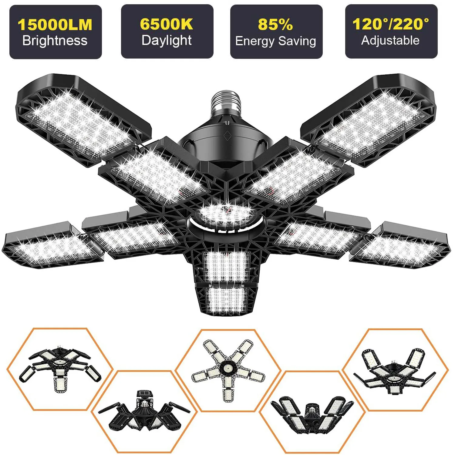 LED Garage Lights with 10 Adjustable Panels E26/E27 Ceiling Shop Work Lamp 80W 150W 6500K Bulb for Workshop Industrial Lighting