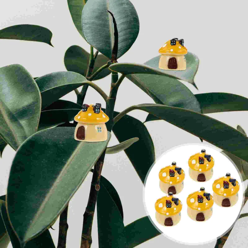 Trädgårdsdekorationer 5st Harts Mushroom Pot Decoration Ornament för DIY Flowerpot Plants Statue Yellow