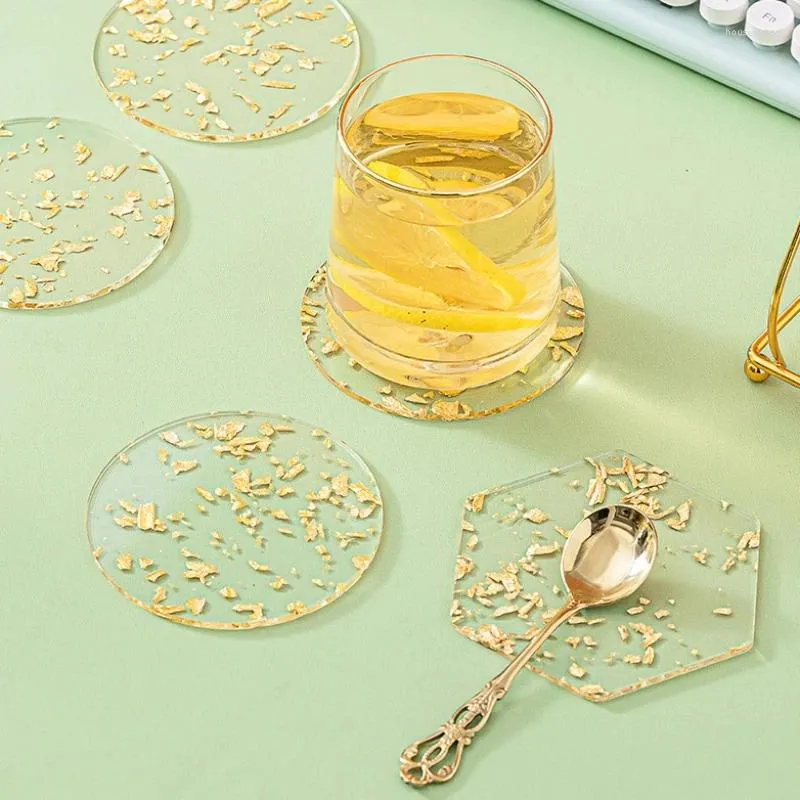 Table Mats Acrylic Goldleaf Coaster Round Hexagon Cup Pad INS Style Anti-slip Cafe Decoration Desktop Decorate Ornaments Pography Props