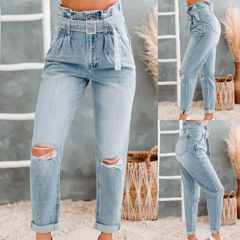 Damenhosen 2 PC Frauen Jeans Ripped Loch Slim Fitting Hohe Taille Denim mit Gürtel Weibliche Casual Mode Büro Dame Gerade