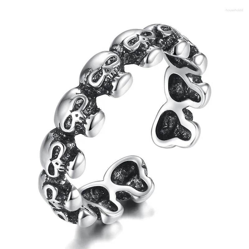 Cluster Rings Punk Big Black Skull Skeleton Vintage Thai Silver Color Justerbar ring för kvinnor Mens mode koreanska chunky smycken S-R2186