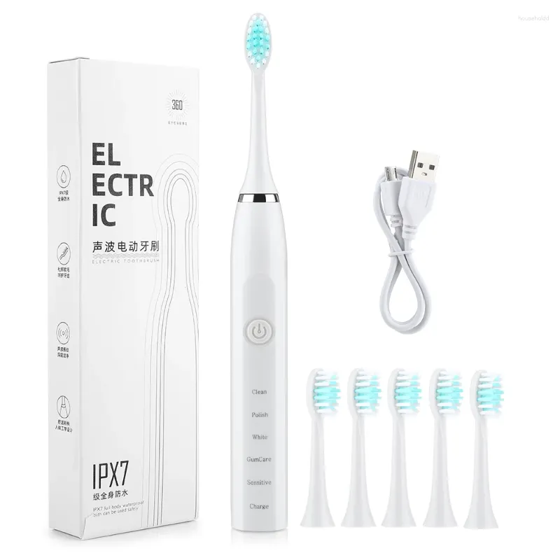 Elektrisk tandborste USB laddningsbar professionell 5 lägen 4 hastigheter tandvård vattentät tandborste mjuka borstar tänder bleknar