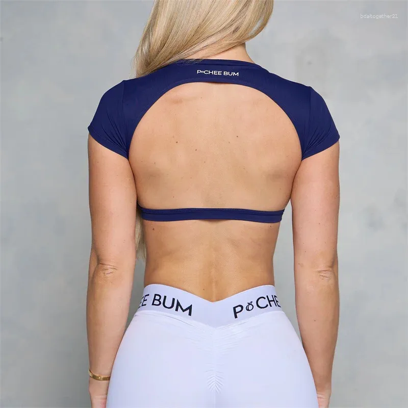 Camisetas para mujer Pchee Bum Mujeres Deportes sin respaldo 2024 Entrenamiento Gimnasio Entrenamiento Yoga Camiseta Al aire libre Correr Crop Tops Elástico Abierto Espalda