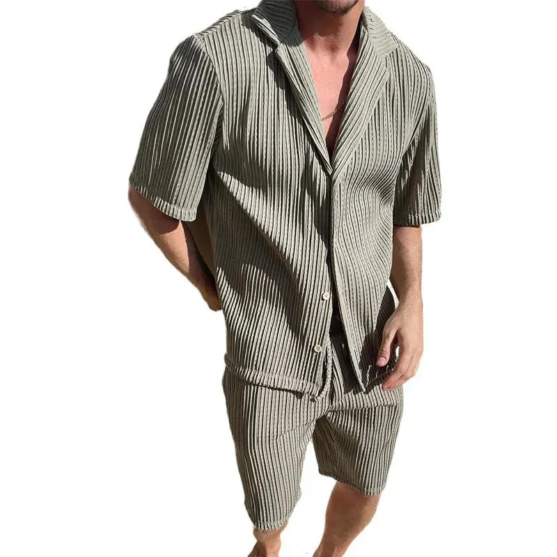 Été décontracté ample à manches courtes chemise Shorts mode rayure hommes costume deux pièces sport 240201