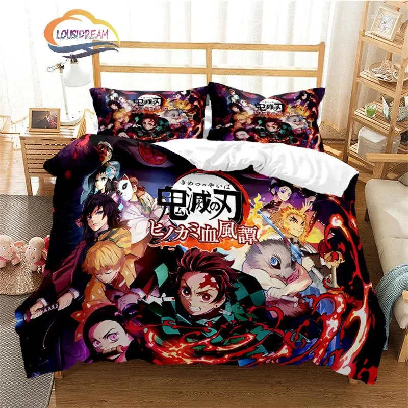 Sängkläder sätter anime demon slayer tre stycken set mode täcke omslag kudde fall sovrum dekoration flera storlek