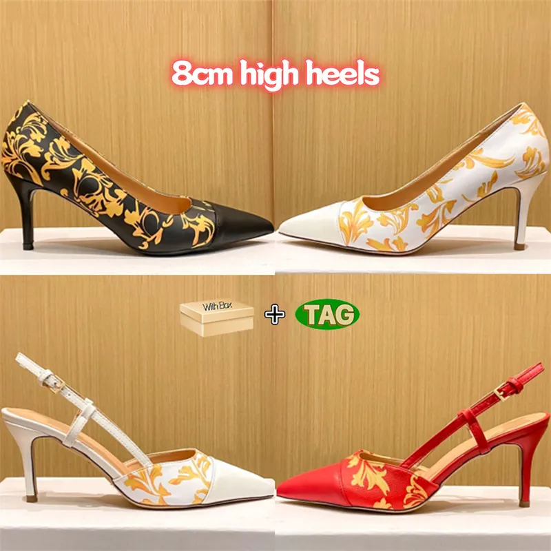 With box luxury dress shoes for women La Plaque Heeled Pumps Sandals white black printed red slingback 8mm high heels womens designer sandal wedding party heel