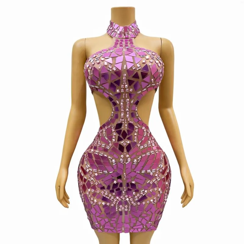 Stage Wear Pink Rhinestones Mirrors Sleeveless Hollow Waist Sexy Dress Dance Birthday Celebrate Costume Party Outfit Fenshuang