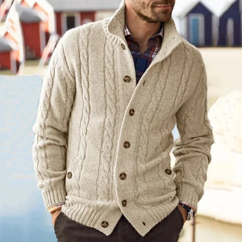 Gestrickte Herren-Cardigan aus Baumwolle, hochwertiger Knopf-Mock-Neck-Pullover für Herren, Winter-Modedesigner-Cardigans 240130