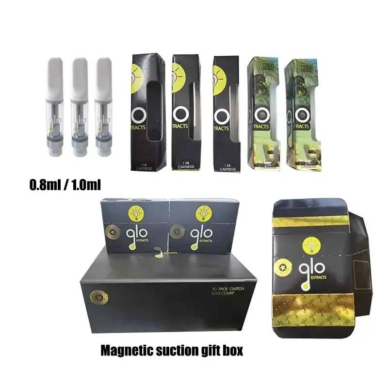 Glo Extracts Glass Carts Atomizer Ceramic Coil Cartridges 0.8ml 1.0ml 빈 510 스레드 두꺼운 오일 카트리지 포장 300pcs