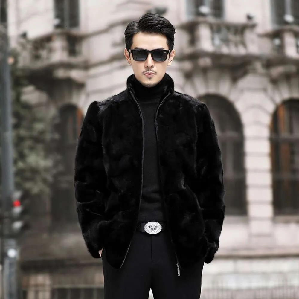 Designer Winter Pinmink Skin Coat Mens Genuine Mink Hair Haining Fur Zipper Stand Up Neck Short Special Offer 1NG7