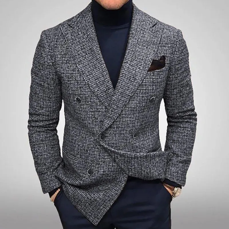 Automne et hiver vestes élégantes pour hommes tricot hommes Blazer coupe ajustée mode polyvalent décontracté à carreaux manches longues costume manteau 240124