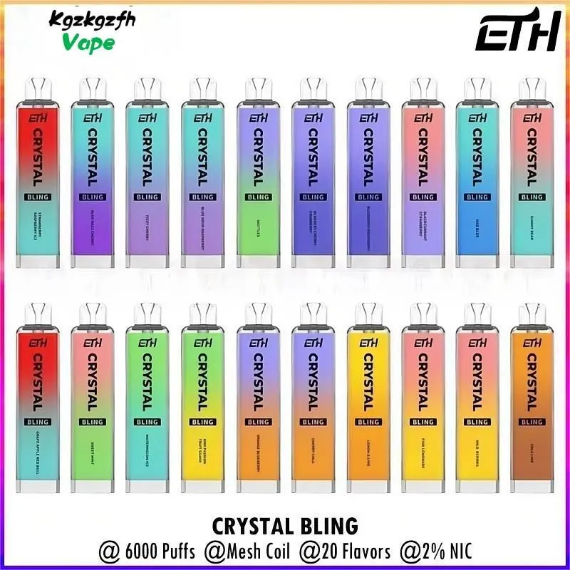 ETH Crystal Bling 6000 Puffs Disposable Vape Puff 6K Mesh Coil Electronic Cigarettes 2% Nic 20 Flavors Vaporizers