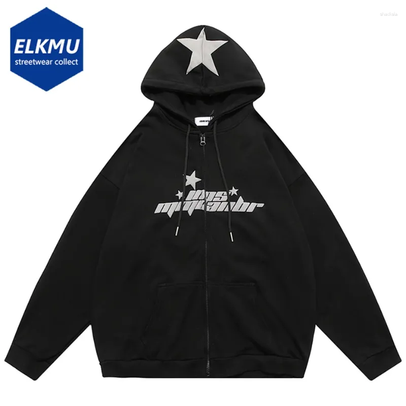 Men's Hoodies Oversized Hip Hop Men Star Printed Grunge Zip-up Hooded Sweatshirts 2024 Streetwear Harajuku Y2K Hoodie Black