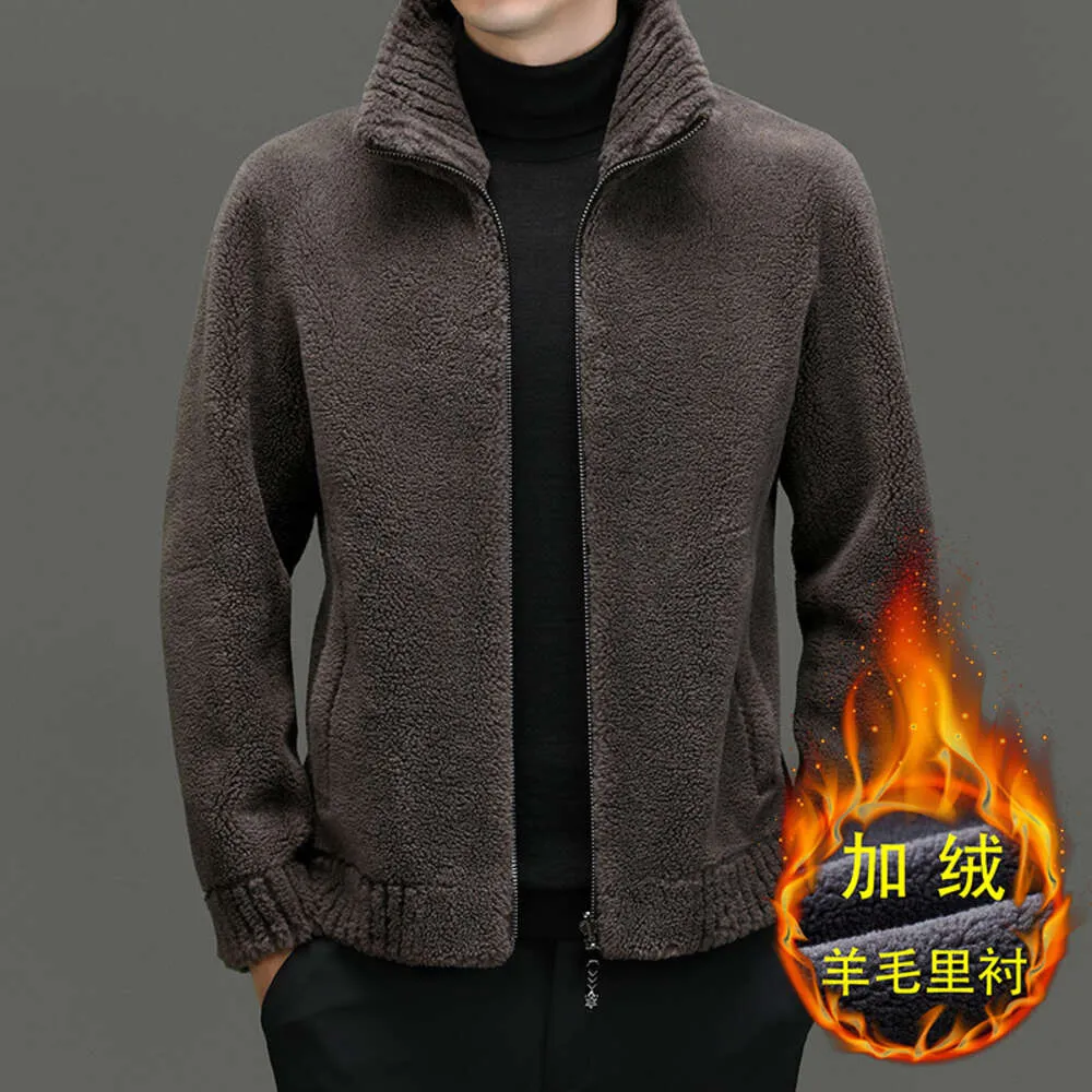 양털 가죽 재킷 한 디자이너 겨울 두께의 두껍고 따뜻한 양고기 스탠딩 칼라 양쪽에 착용하는 중년 남자를위한 고리 3675